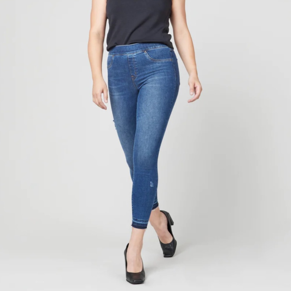 SPANX Distressed Pull-On Ankle Skinny Jeans, Medium Wash, Size XL Petite